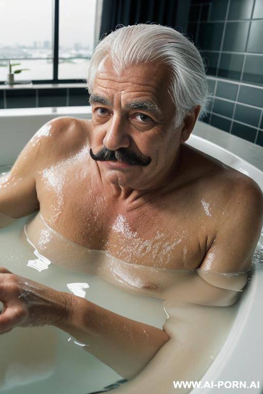 a french old man in his 0s with white hair, a moustache and blue eyes is taking a bath in a luxury bathtub in a hotel suite with a plump, dark-haired 20s vietnamese woman - #main