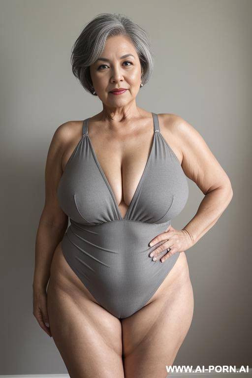 5-year-old grandmother, short gray hair, clearly visible age marks, full body, standing, large natural breasts, triangular hips, thick thighs, wide legs, hands on waist, wearing gray thong - #main