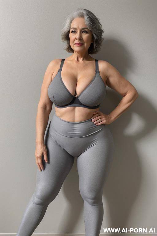 5-year-old grandmother, short gray hair, very visible age marks, full body, standing, large natural breasts, triangle hips, thick thighs, wide legs, hands on hips, wearing gray leggings and bra - #main