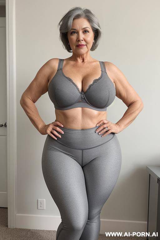 5 year old grandmother, short gray hair, very visible age marks, full body, standing, large natural breasts, triangle hips, thick thighs, wearing gray leggings and bra - #main