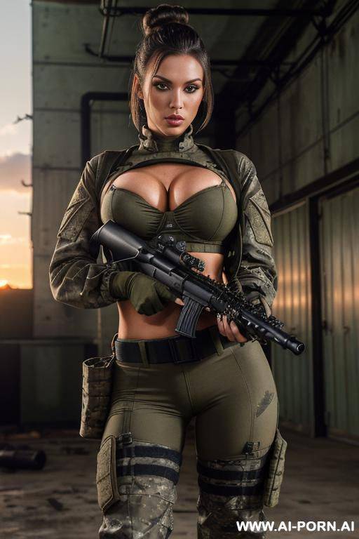 brunette with a tight bun,;(clothes: greenragged military gear); (place: dark industrial building); (rifle in hands) - #main