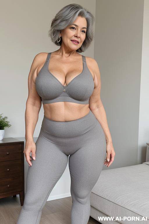 0 year old she-male grandmother, short gray hair, clearly visible age marks, full body, standing, legs open, large natural breasts, triangular hips, thick thighs, wearing leggings and gray bra - #main