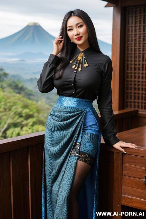 ((olive skin indonesian, sunda ethnicity)) ((traditional long sleeves black shirt, long skirt with blue batik pattern, sunda outfit)) ((huge massive perky boobs)) ((looking at viewer)) ((mountain - #main