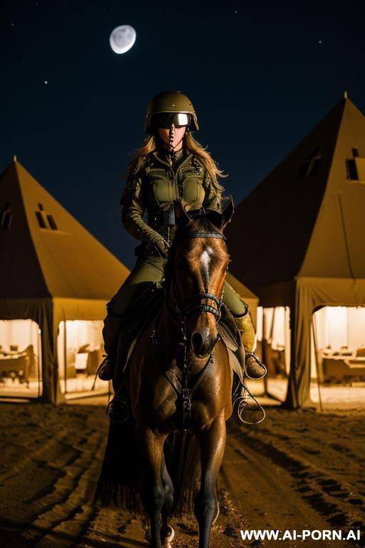 military jumpsuit, riding mare in the dark desert at night, military helmet, military gear - #main