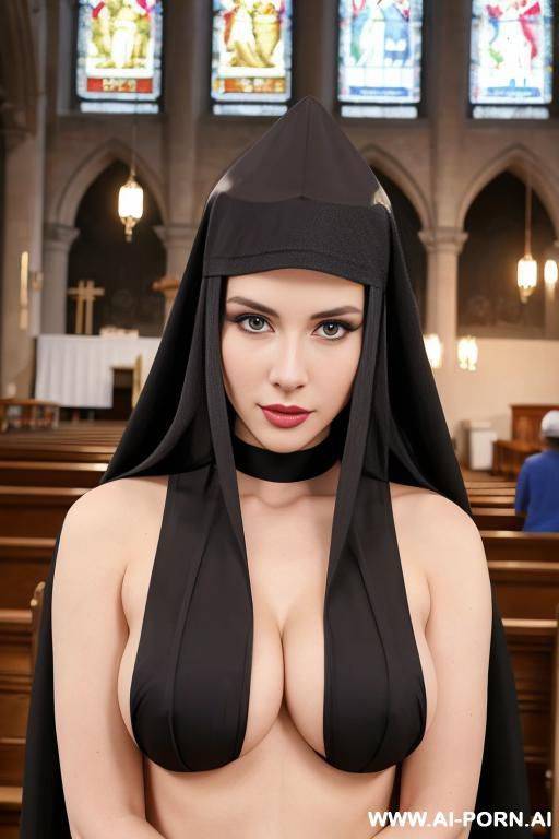 nun hat, topless, nun habit, touching breasts, lots of people - #main