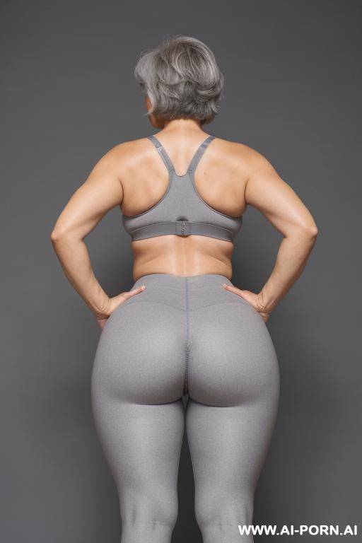 back view, 5-year-old grandmother, short gray hair, very visible age marks, full body, standing, large natural breasts, triangle hips, thick thighs, wide legs, hands on hips, wearing gray leggings and bra - #main