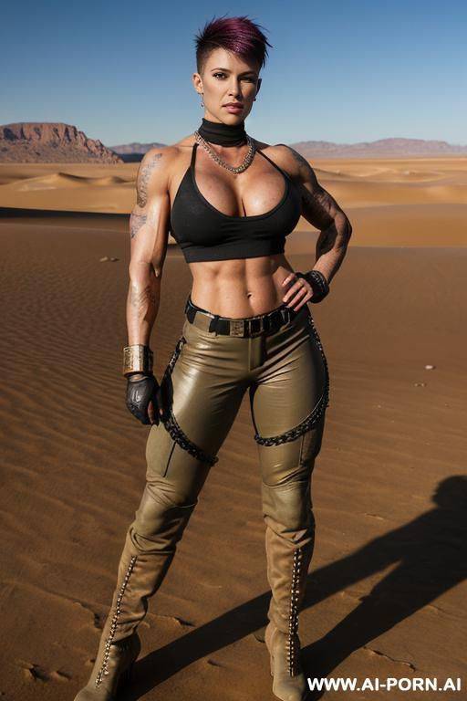 mad max, post-apocalyptic, armor, pierced navel, rings, long nipples, large nipples, wet, oiled, piercings, nose stud, mature, bracer, veiny boobs, large areolas, (((oversized boobs))), anklet, huge - #main