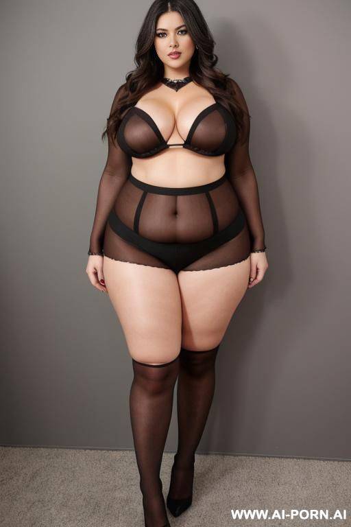 chubby woman, dark brown hair, full body, standing, tits, triangle hips, thick thighs, legs open, hands on waist, rock outfit - #main