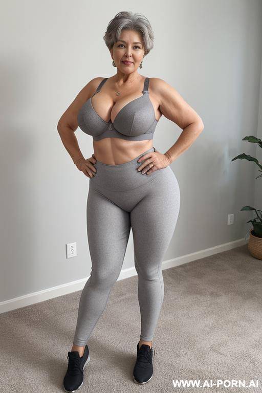 5-year-old grandmother, short gray hair, very visible age marks, full body, standing, large natural breasts, triangle hips, thick thighs, wide legs, hands on hips, wearing gray leggings and bra - #main