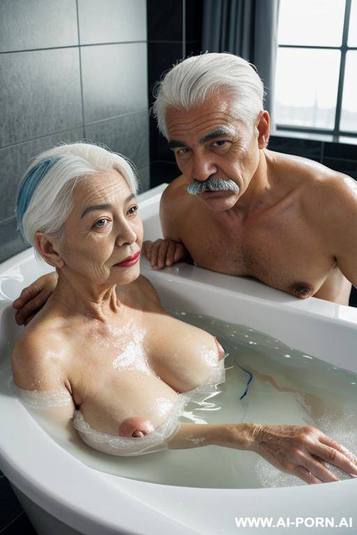 a french old man in his 0s with white hair, a moustache and blue eyes is taking a bath in a luxury bathtub in a hotel suite with a plump, dark-haired vietnamese woman and a russian woman. - #main