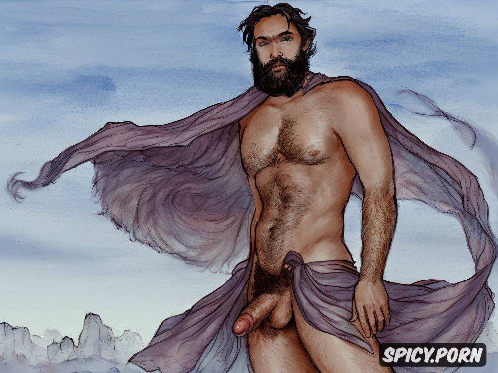 artistic sketch of a big dicked bearded hairy man wearing a draped toga in the wind - #main