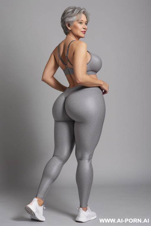 rear view, 0-year-old grandmother, short gray hair, full body, standing, age marks clearly visible, big ass, big breasts, triangle hips, thick thighs, wearing gray leggings and bra - #main