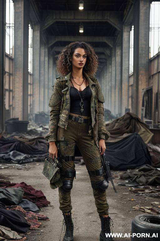 (tall and lean); (deep, tanned skin); (hair is a wild, unruly mess of dark curls that fall to her shoulders); (hazel eyes); .(clothes: mix of military gear and scavenged clothes, with a - #main