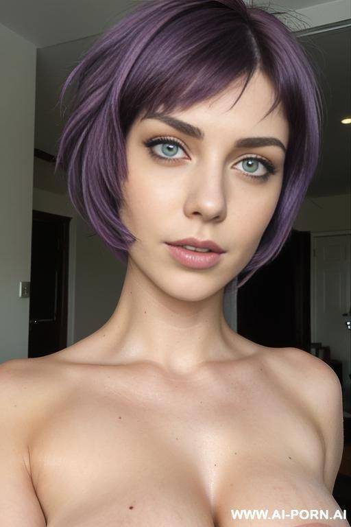 (((two women))), ((short purple hair), (green eyes), (massive breasts), (spread pussy)), ((short red hair), (large breasts)), naked, ((masturbating)), kissing - #main