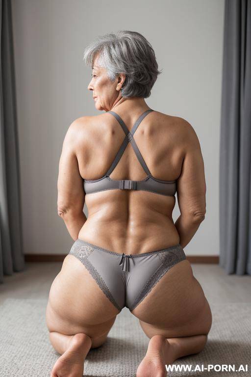 back view, 0 year old grandmother, short gray hair, clearly visible age marks, full body, kneeling, legs open, large natural breasts, triangular hips, thick thighs, wearing gray thong and bra - #main