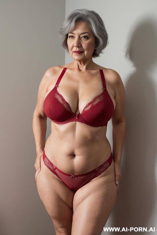 5-year-old grandmother, short gray hair, very visible age marks, full body, standing, large natural breasts, triangle hips, thick thighs, wide legs, hands on hips, wearing red thong and bra - #main