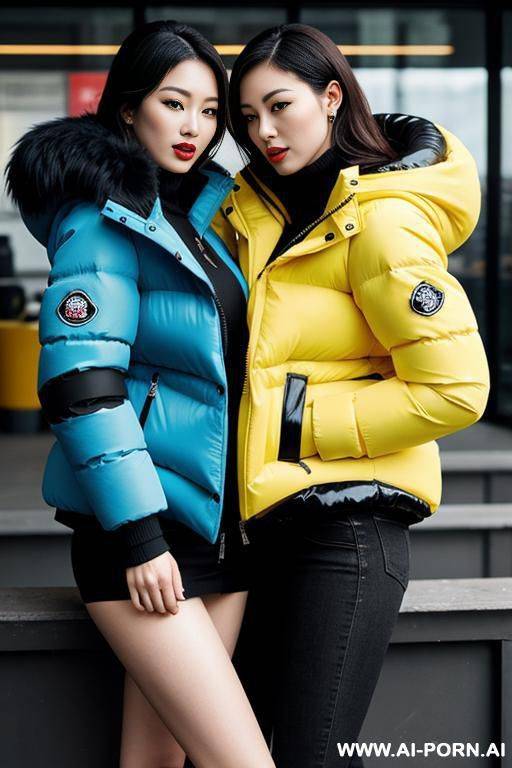 two women gy on each other wearing thick puffer jackets - #main