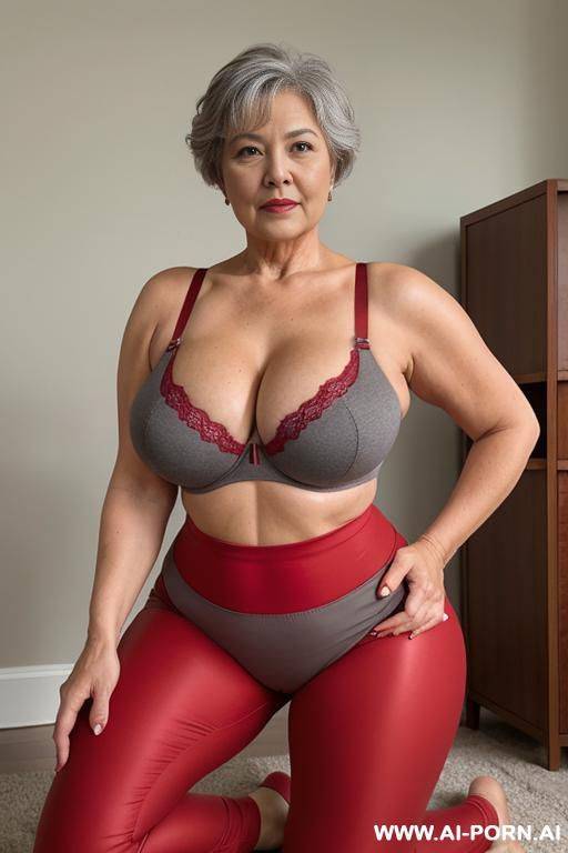 0 year old grandmother, short gray hair, clearly visible age marks, full body, kneeling, legs open, large natural breasts, triangular hips, thick thighs, wearing red leggings and bra - #main