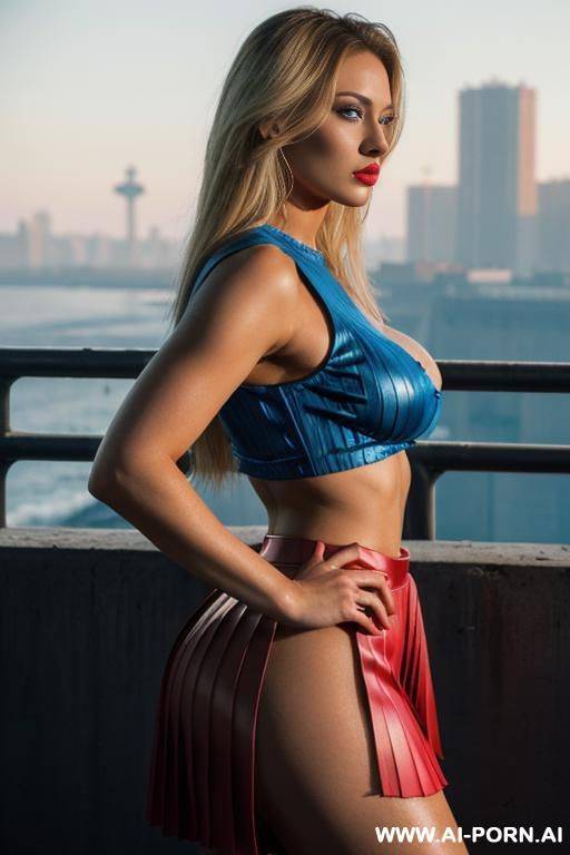 ((fasical)), big breast, (pornstar), crystal clear image, (wearing, (soviet uniform), (soviet pleated micro-skirt), (underboob crop-top)), (medium shot, rear-side view), neon cyberpunk city in background, - #main