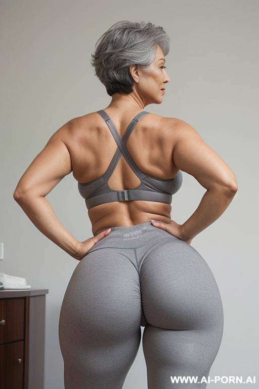 rear view, 0-year-old grandmother, short gray hair, full body, standing, age marks clearly visible, big ass, big breasts, triangle hips, thick thighs, wearing gray leggings and bra, hands on waist - #main