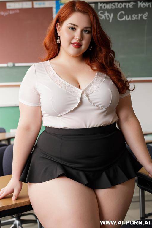 close up full body photo shot, about at classroom, chubby fat bbw curvy teacher, wearing a sexy and hot micro red ruffle skirt and elegant top, teaching to the classroom. - #main