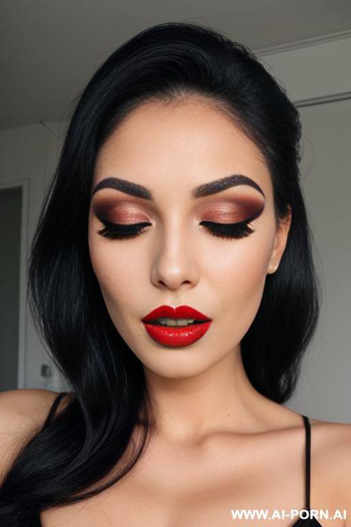 heavy makeup, redlips, wide open mouth, closed eyes, long eyelashes - #main