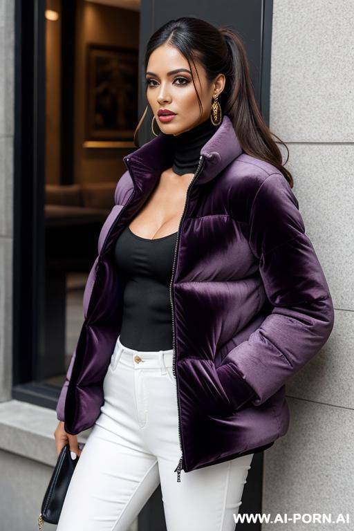 woman in thick velvet puffer jacket - #main