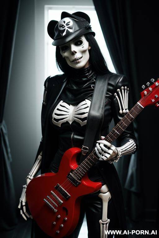 the image features a perman dressed in a skeleton costume, holding a guitar. the setting is a dark room with a black and white color scheme. - #main