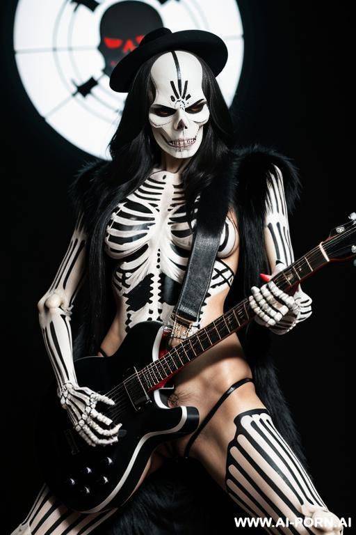 the image features a perman dressed in a skeleton nude very hairy pussy costume, holding a guitar. the setting is a dark room with a black and white color scheme. - #main