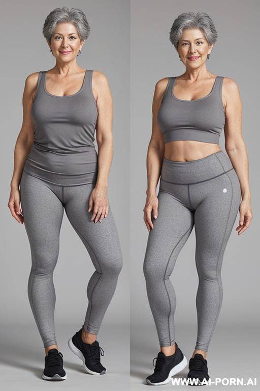 0-year-old grandmother, full body, standing, short gray hair, visible age marks, wearing gray leggings and a short tank top, hands on her waist - #main