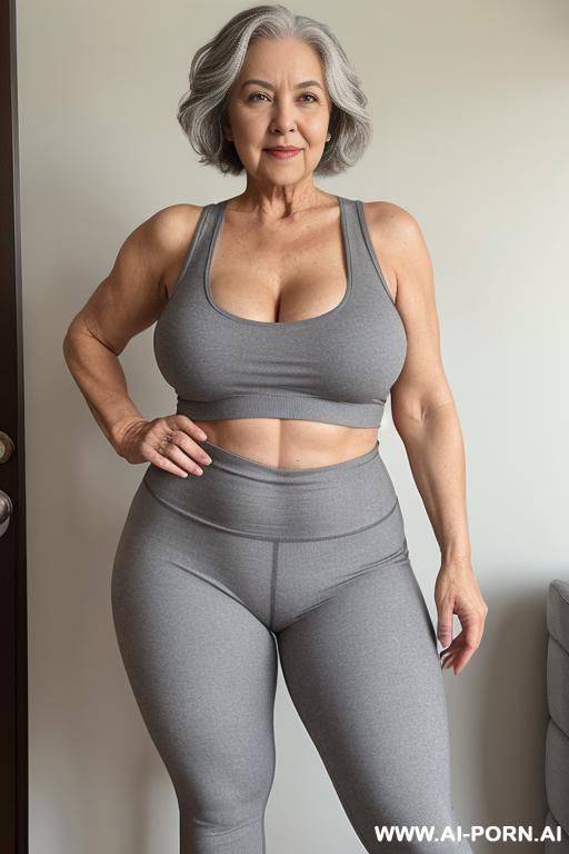 0 year old grandmother, full body, standing, short gray hair, very visible age marks, large natural breasts, triangle hips, thick thighs, wearing gray leggings and a short tank top, hands on her waist - #main