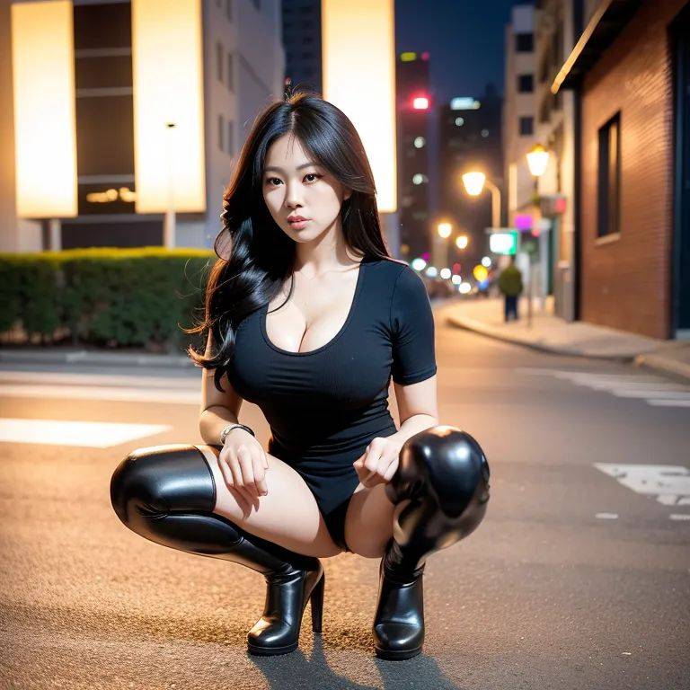 ,korean,woman,aging,long hair,curly hair,black eyes,beautiful,cool,huge breasts,perfect body,abs,thigh socks,cleavage,short sleeves,leotard,squatting,night,(city:1.2), street,front view,full body,(adult:1.5) - #main