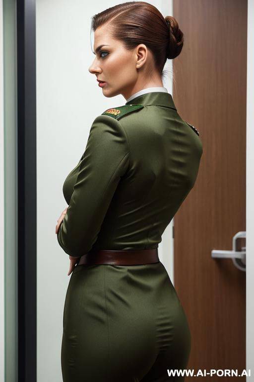 (slicked back hair); (green military uniform). (perky medium sized tits), (place: state-of-the-art hospital) - #main