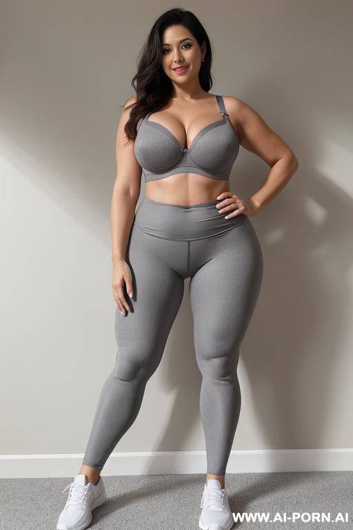 0-year-old grandmother, full body, standing, visible age marks, triangle hips, thick thighs, wearing gray leggings and bra, hands on waist, legs open - #main