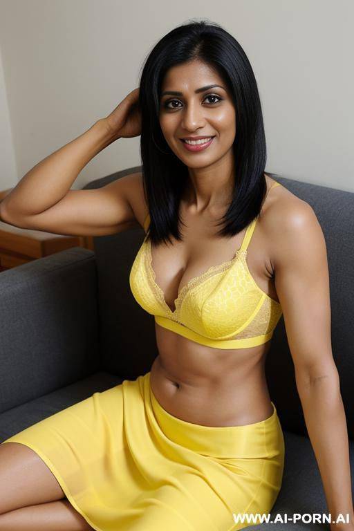 yellow bra, yellow skirt, looking at camera, side view, smile, muscular arms - #main