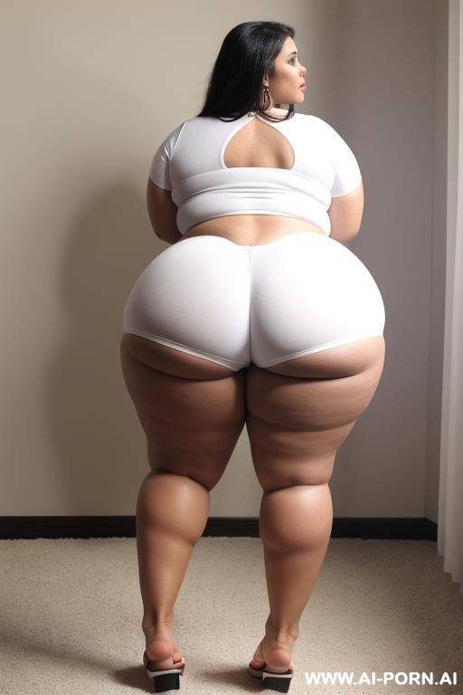 white fat bbw big ass, standing up, back view, full body, looking back at the camera, wearing only flip-flops - #main