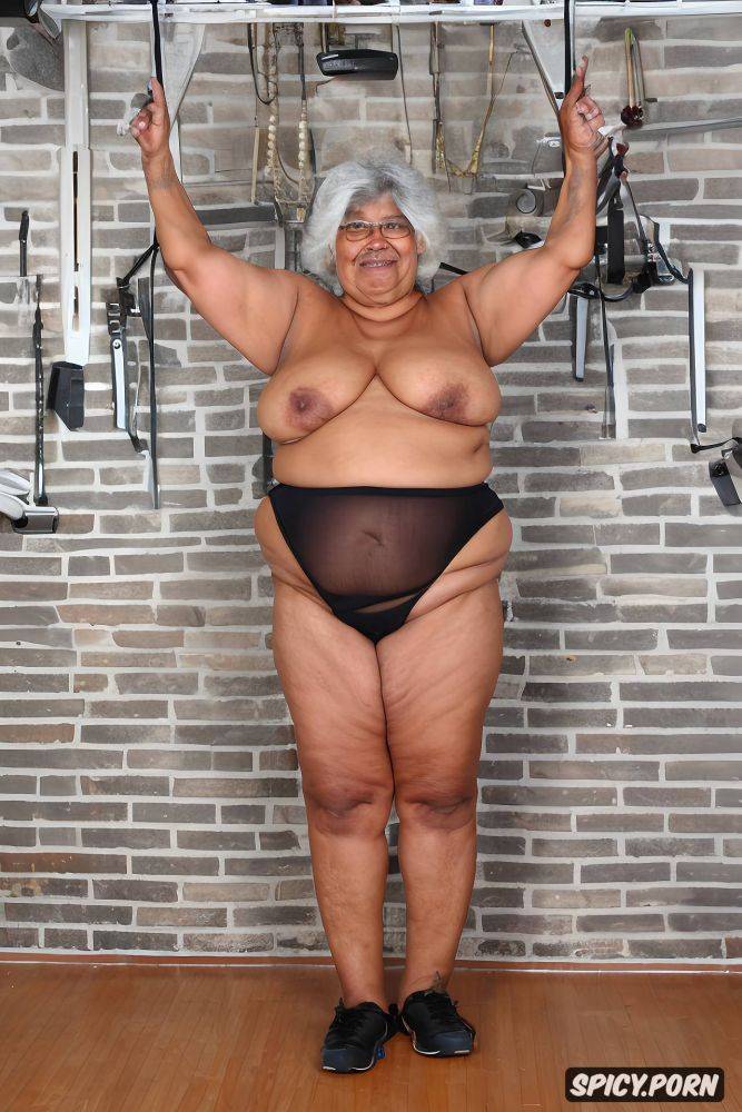 an old fat mexican granny standing, showing big fat pussy, wearing long shorts that cover thighs - #main