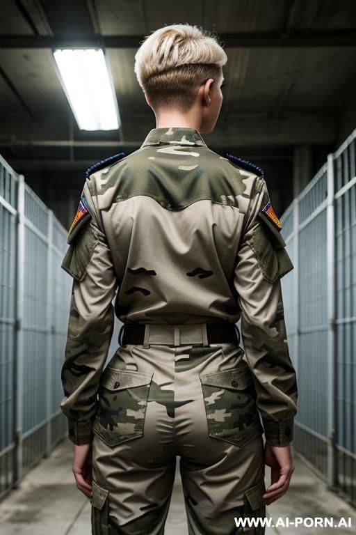 short haircut military blond no weapon pixel camouflage uniform serious face full size shot no makeup in jail cage from behind - #main