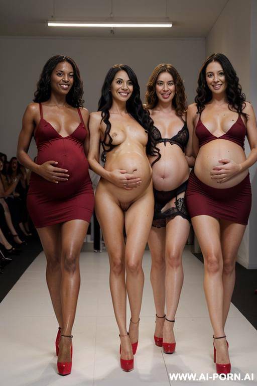 fashion show with three models walking in a row, the first model black curls in red high heels and naked, the second walking behind the first in red high heels and lingerie, the third - #main