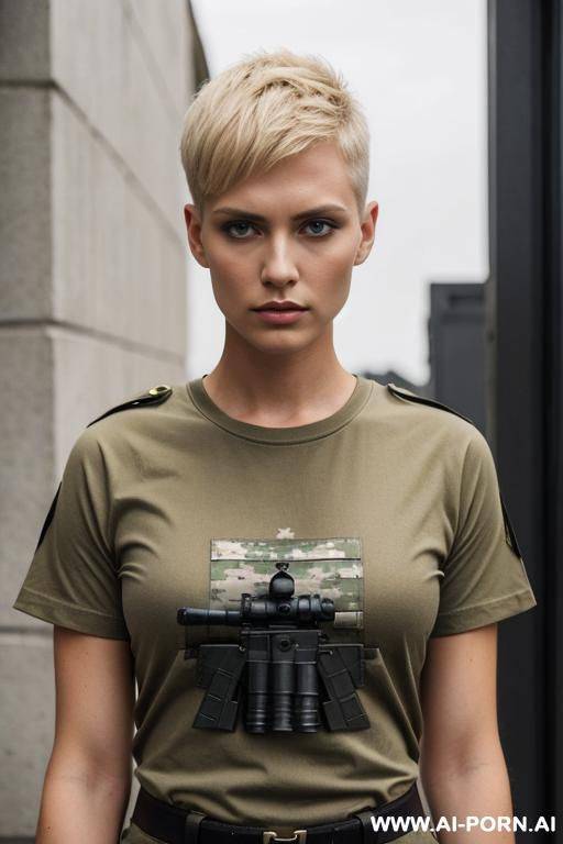 short haircut military blond no weapon uniform t-shirt serious face - #main