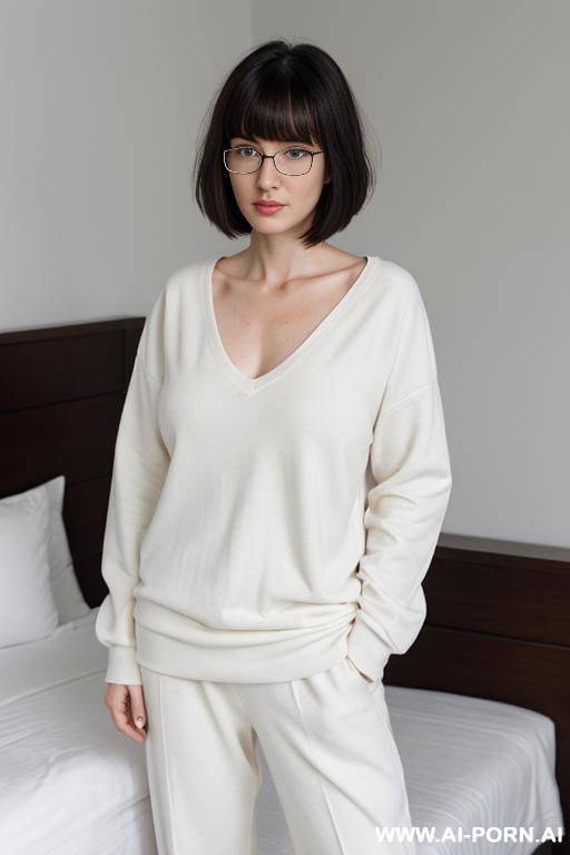 extremely white skin, natural boobs, average face (strong jaw, glasses), baggy clothes, bedroom, irish woman , woman , showing ass, haircut bangs long, plain face, nerdy - #main