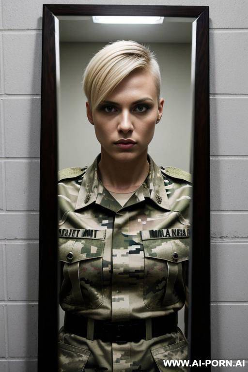 short haircut military blond no weapon pixel camouflage uniform serious face full size shot no makeup in jail cage mirror self shot - #main