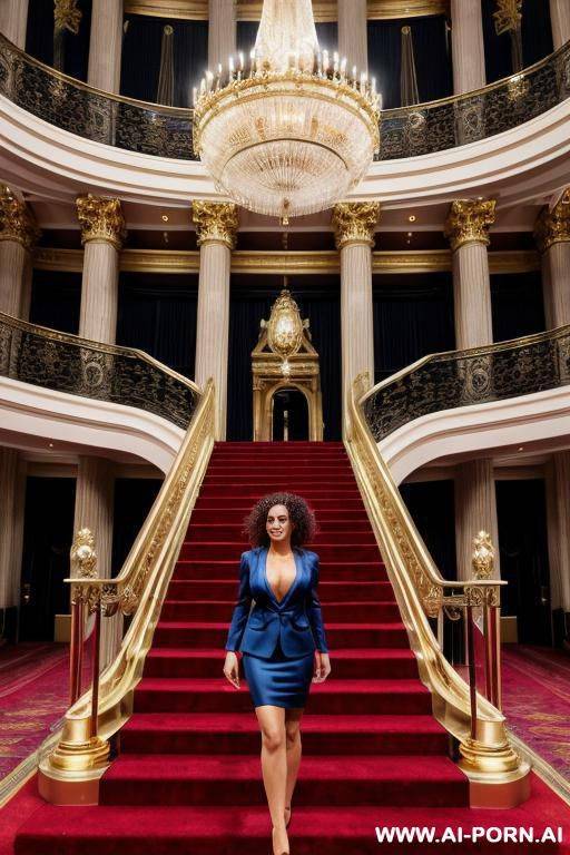 on the stairs inside a huge beautiful opera with gold railings and blue carpet. woman: red high heels. men in suits - #main