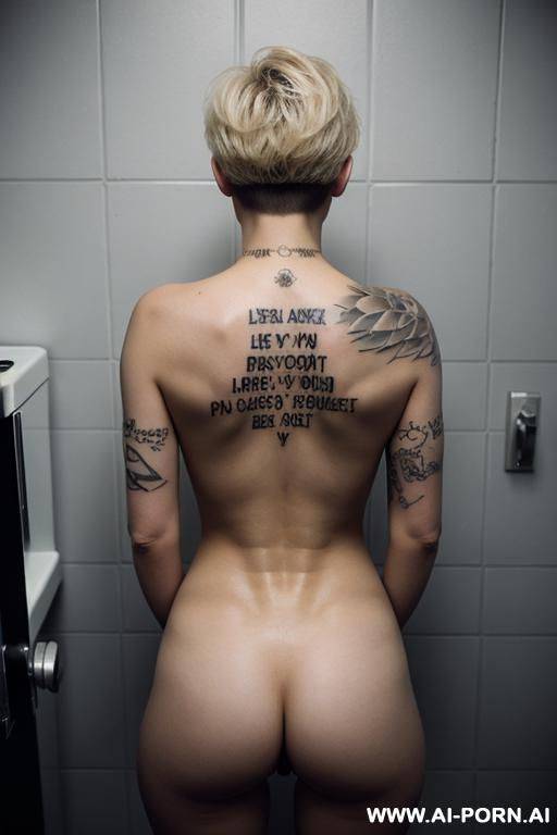 short haircut blond fit totally naked tits text tattoo on butt full shot in jail from behind - #main