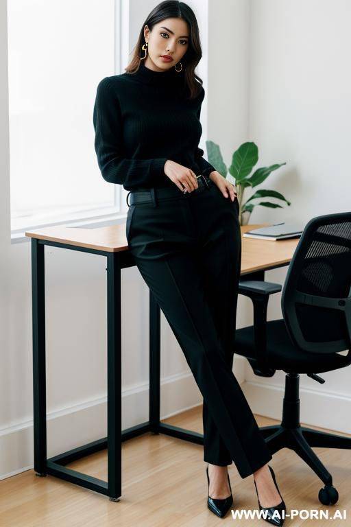 black trousers, gy style, leaning on a desk, - #main