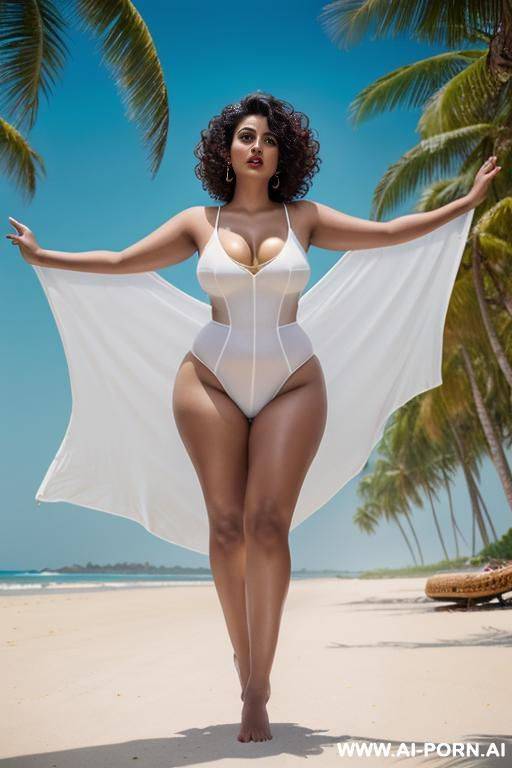 white, curvy, 3 indian woman in sexy swimsuit with her husband on beach. front view - #main