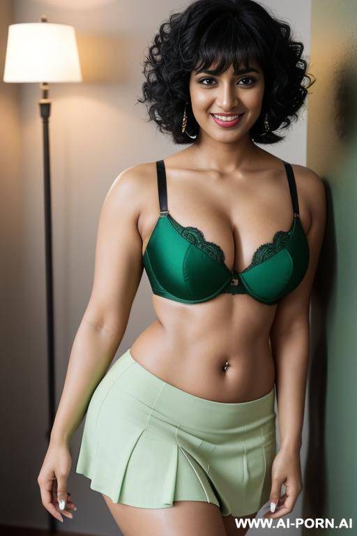 indian, 30 years, black hair, short curly hair, bangs, light green bra, light green microskirt, navel piercing, thick body, flexing arm, laugh, looking at camera, standing, heels - #main