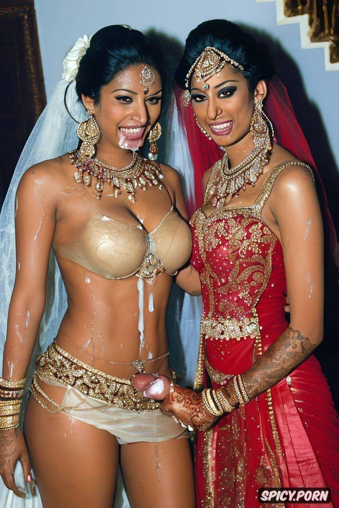 the two standing beautiful indian bride in wedding hall takes a huge black dick in the mouth and giving blowjob to the bride get covered by cum all over his bridal dress the bride realistic photo and real human and nude - #main