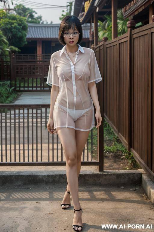 thailand, chinese woman, big breasts, short bob, glasses, walking, naked, in front of the house, fence, undressed, see-through shirt, see breasts (((see pussy))) - #main