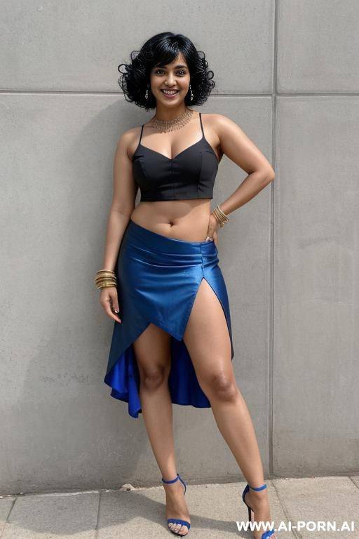 indian, 30 years, black hair, short curly hair, bangs, blue bra, blue slit loose microskirt, navel piercing, thick body, flexing arm, smile, looking at camera, standing, heels - #main